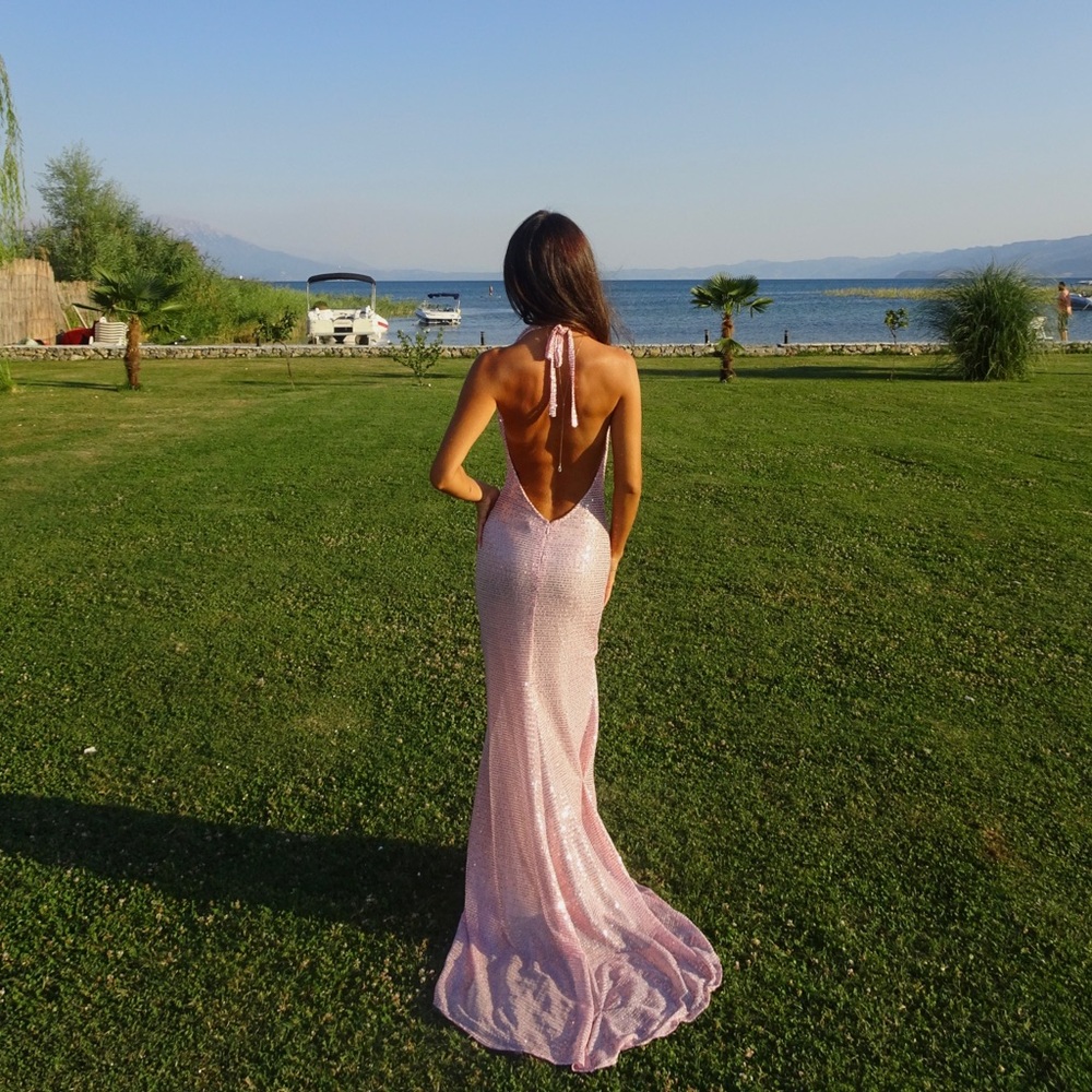 Superdown Maria Gown, Open Back & Cowl Neck in Pink Sequin XXS